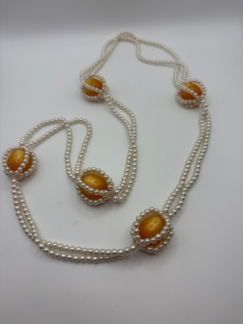 Vintage Pearl Catseye Station Necklace 30”